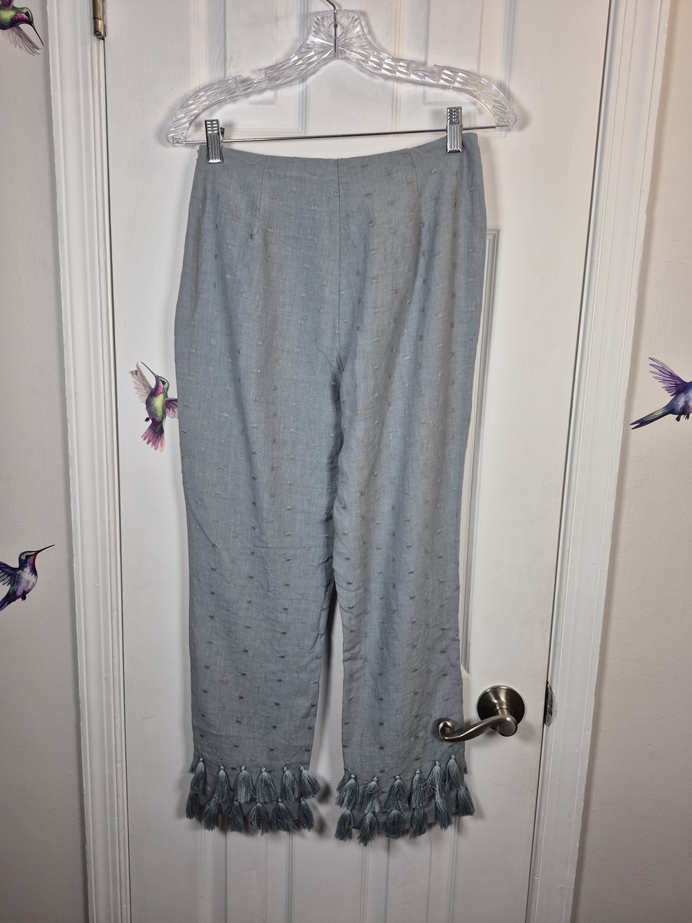 Tularosa Blue 100%  Linen Tassel Hem Ankle Pants Cottagecore Coastal Grandma S - Picture 3 of 5